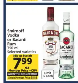 Vons Smirnoff Vodka or Bacardi Rum offer