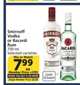 Vons Smirnoff Vodka or Bacardi Rum offer