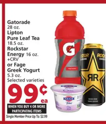 Vons Gatorade 28 oz. Lipton Pure Leaf Tea 18.5 oz. Rockstar Energy 16 oz. or Fage Greek Yogurt 5.3 oz offer
