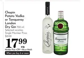 Pavilions Chopin Potato Vodka or Tanqueray London Dry Gin offer