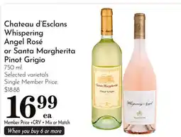 Pavilions Whispering Angel Rosé or Santa Margherita Pinot Grigio offer