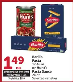Albertsons Barilla Pasta 12-16 oz. or Hunt's Pasta Sauce 24 oz offer