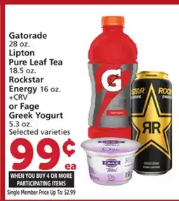 Albertsons Gatorade 28 oz., Lipton Pure Leaf Tea 18.5 oz., Rockstar Energy 16 oz. or Fage Greek Yogurt 5.3 oz offer