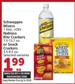Albertsons Schweppes Mixers 1 liter, +CRV, Nabisco Ritz Crackers 7.5-13.7 oz. or Snack Crackers 3.5-8.5 oz offer