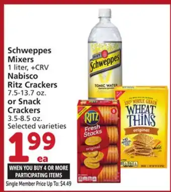 Albertsons Schweppes Mixers 1 liter, +CRV, Nabisco Ritz Crackers 7.5-13.7 oz. or Snack Crackers 3.5-8.5 oz offer