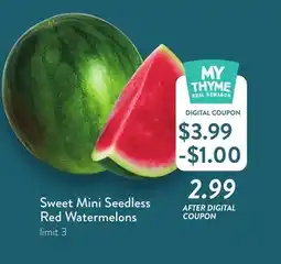 Fresh Thyme Sweet Mini Seedless Red Watermelons offer