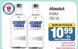 Tony’s Fresh Market Absolut Vodka offer