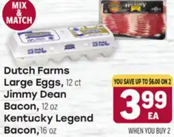 Tony’s Fresh Market Dutch Farms Large Eggs, 12 ct., Jimmy Dean Bacon, 12 oz., Kentucky Legend Bacon, 16 oz offer