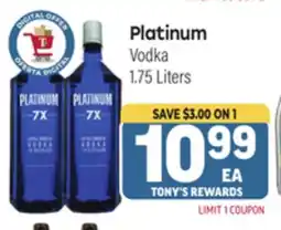 Tony’s Fresh Market Platinum Vodka offer