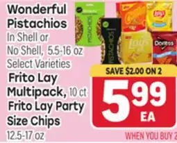 Tony’s Fresh Market Wonderful Pistachios In Shell or No Shell, 5.5-16 oz, Frito Lay Party Size Chips, 12.5-17 oz offer