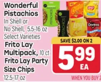 Tony’s Fresh Market Wonderful Pistachios In Shell or No Shell, 5.5-16 oz, Frito Lay Party Size Chips, 12.5-17 oz offer