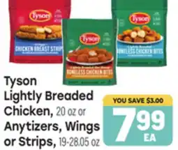 Tony’s Fresh Market Tyson Lightly Breaded Chicken, 20 oz or Anytizers, Wings or Strips, 19-28.05 oz offer
