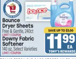 Tony’s Fresh Market Bounce Dryer Sheets Free & Gentle 240ct, Downy Fabric Softener 140 oz offer