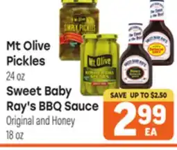 Tony’s Fresh Market Mt Olive Pickles, 24 oz Sweet Baby Ray's BBQ Sauce Original and Honey 18 oz offer