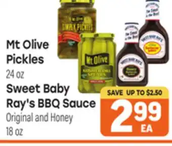 Tony’s Fresh Market Mt Olive Pickles, 24 oz Sweet Baby Ray's BBQ Sauce Original and Honey 18 oz offer