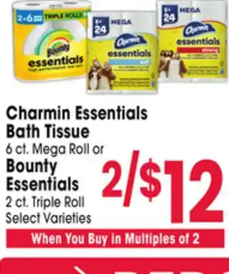 Jewel-Osco Charmin Essentials Bath Tissue 6 ct. Mega Roll or Bounty Essentials 2 ct. Triple Roll offer