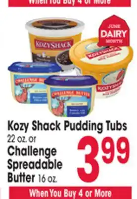 Jewel-Osco Kozy Shack Pudding Tubs 22 oz. or Challenge Spreadable Butter 16 oz offer