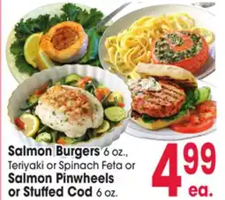 Jewel-Osco Salmon Burgers 6 oz., Teriyaki or Spinach Feta or Salmon Pinwheels or Stuffed Cod 6 oz offer