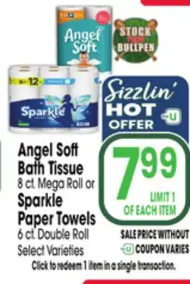 Jewel-Osco Angel Soft Bath Tissue 8 ct. Mega Roll or Sparkle Paper Towels 6 ct. Double Roll offer