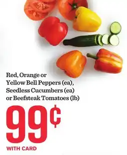 Mariano's Red, Orange or Yellow Bell Peppers (ea), Seedless Cucumbers (ea) or Beefsteak Tomatoes (lb) offer