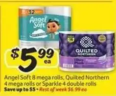Winn Dixie Angel Soft 8 mega rolls, Quilted Northern 4 mega rolls or Sparkle 4 double rolls offer