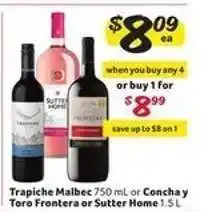 Winn Dixie Trapiche Malbec 750 mL or Concha y Toro Frontera or Sutter Home 1.5 L offer