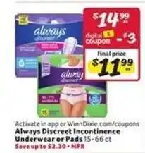 Winn Dixie Always Discreet Incontinence Underwear or Pads offer