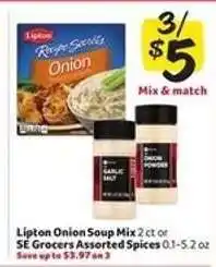 Winn Dixie Lipton Onion Soup Mix or SE Grocers Assorted Spices offer