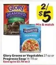 Winn Dixie Glory Greens or Vegetables / Progresso Soup offer