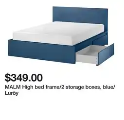 Ikea MALM High bed frame/2 storage boxes, blue/Luröy offer