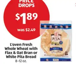 Aldi L'oven Fresh Whole Wheat with Flax & Oat Bran or White Pita Bread offer