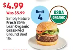 Aldi Simply Nature Fresh 85% Lean Organic Grass-Fed Ground Beef offer