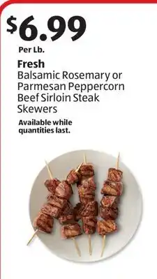 Aldi Fresh Balsamic Rosemary or Parmesan Peppercorn Beef Sirloin Steak Skewers offer