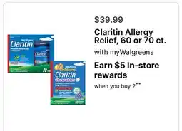 Walgreens Claritin Allergy Relief, 60 or 70 ct offer
