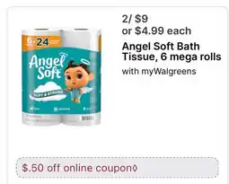 Walgreens Angel Soft Bath Tissue, 6 mega rolls offer