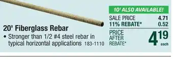 Menards 20' Fiberglass Rebar offer