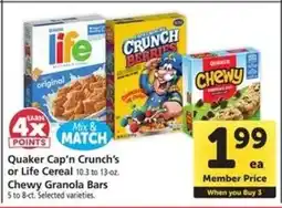 Safeway Quaker Cap’n Crunch’s or Life Cereal, Chewy Granola Bars offer