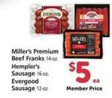 Safeway Miller's Premium Beef Franks, Hempler's Sausage, Evergood Sausage offer