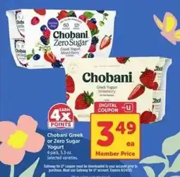 Safeway Chobani Greek or Zero Sugar Yogurt offer