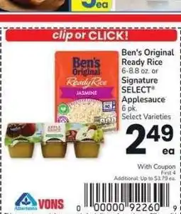 Albertsons Ben's Original Ready Rice 6-8.8 oz. or Signature SELECT Applesauce 6 pk. - Select Varieties offer