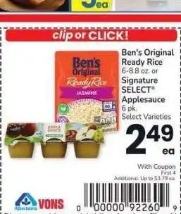 Albertsons Ben's Original Ready Rice 6-8.8 oz. or Signature SELECT Applesauce 6 pk. - Select Varieties offer