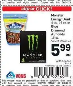 Albertsons Monster Energy Drink 4 pk., 16 oz. or Blue Diamond Almonds 16 oz. - Select Varieties offer