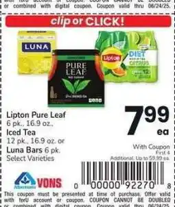 Albertsons Lipton Pure Leaf 6 pk., 16.9 oz., Iced Tea 12 pk., 16.9 oz. or Luna Bars 6 pk. - Select Varieties offer