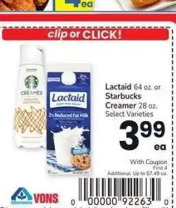 Albertsons Lactaid 64 oz. or Starbucks Creamer 28 oz. - Select Varieties offer