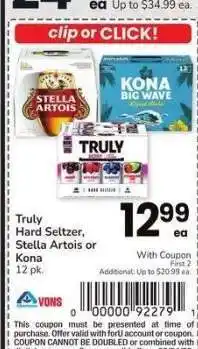 Albertsons Truly Hard Seltzer, Stella Artois or Kona - 12 pk offer