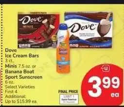 Albertsons Dove Ice Cream Bars 3 ct., Minis 7.5 oz. or Banana Boat Sport Sunscreen 6 oz. - Select Varieties offer