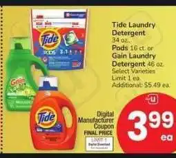 Albertsons Tide Laundry Detergent 34 oz., Pods 16 ct. or Gain Laundry Detergent 46 oz. - Select Varieties offer