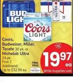 Albertsons Coors, Budweiser, Miller, Tecate 30 pk. or Michelob Ultra 24 pk offer