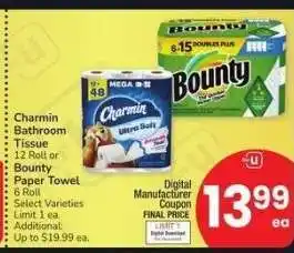 Albertsons Charmin Bathroom Tissue 12 Roll or Bounty Paper Towel 6 Roll - Select Varieties offer