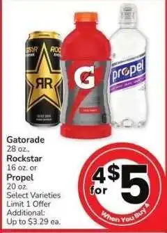 Albertsons Gatorade 28 oz., Rockstar 16 oz. or Propel 20 oz. - Select Varieties offer